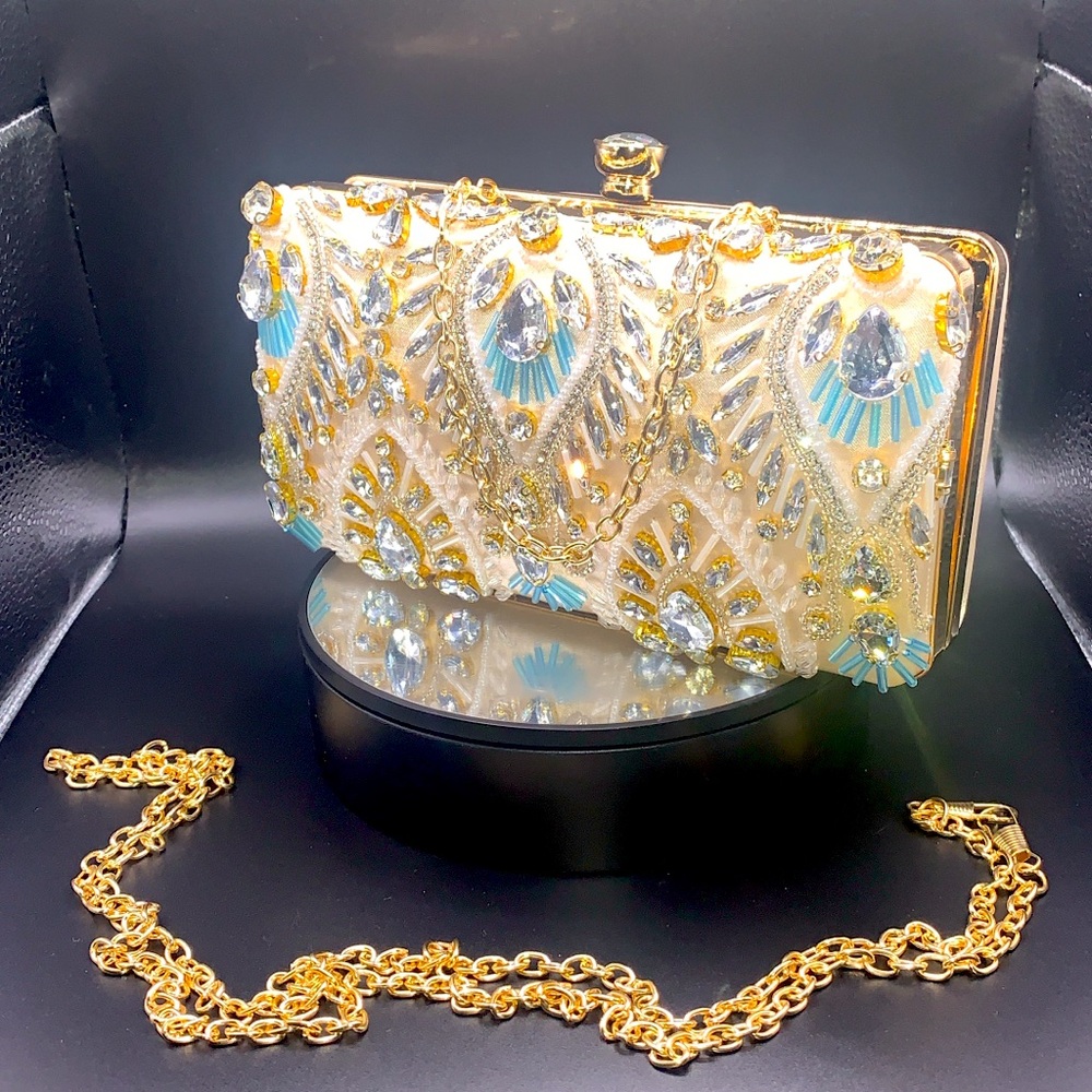 Champagne and baby blue beaded clutch purse